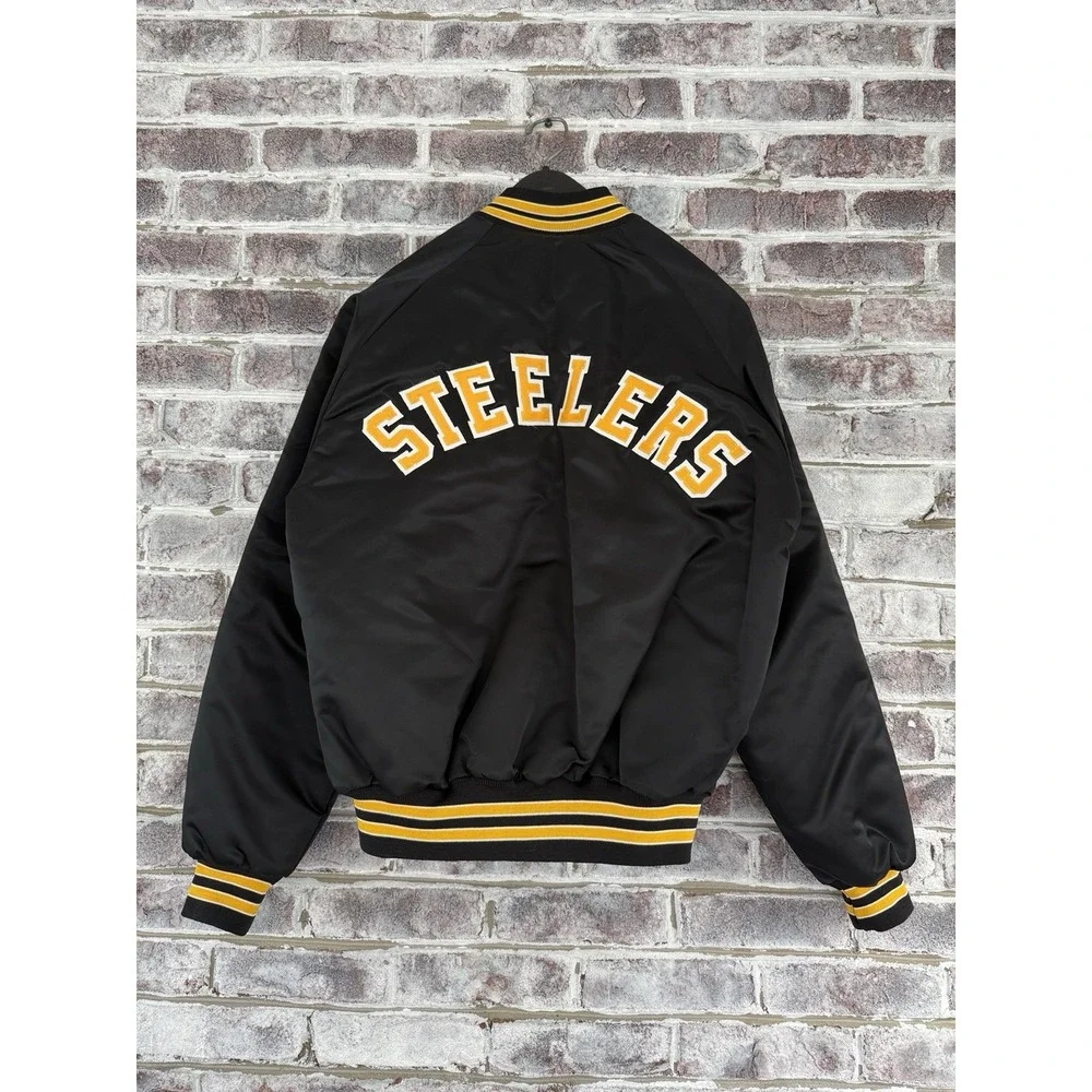 Vtg Pittsburgh Steelers Spell Out Men Large Satin Jacket Chalk Line Embroidered - Picture 1 of 16